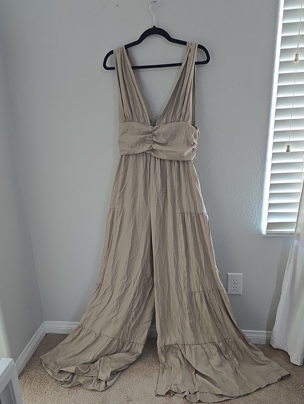 PrettyLittleThing Beige Wide-Leg Plunge Flowy Jumpsuit